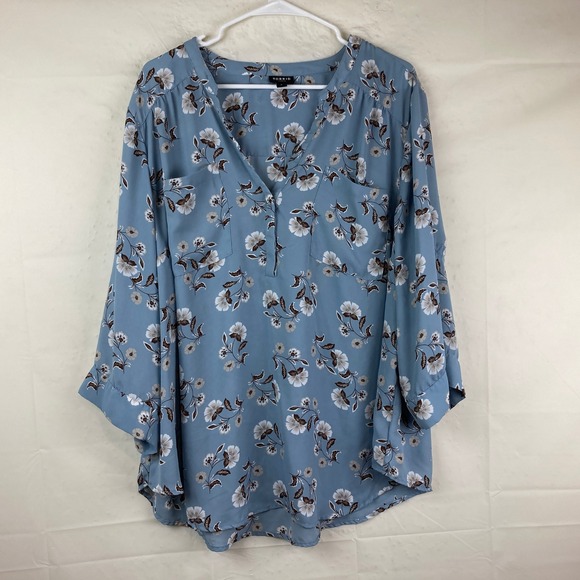 Torrid Harper Blouse Women 3 Blue Floral 3/4 Sleeve V-Neck Top Cottagecore Boho - Picture 2 of 7